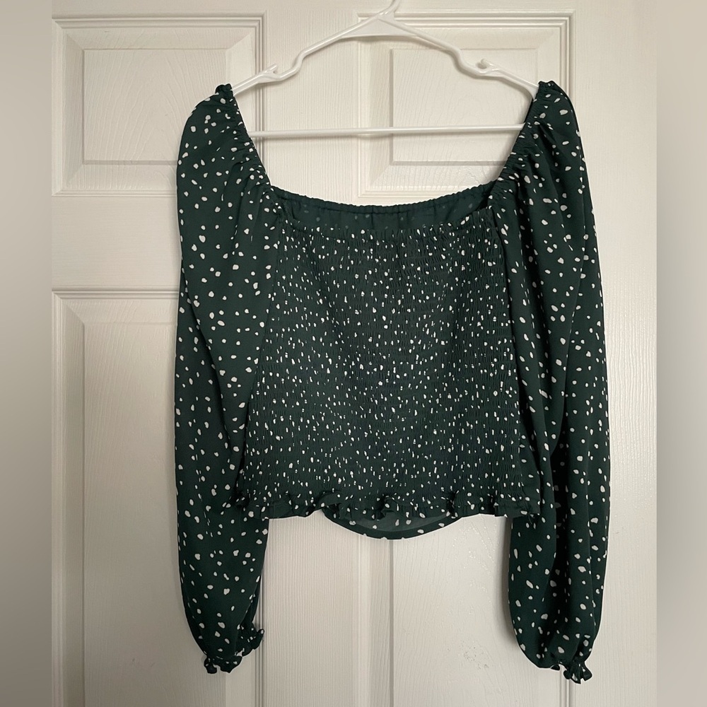 Abercrombie & Fitch Forest Green & White Speckled Terrazo Cropped Blouse size XL - Picture 6 of 12